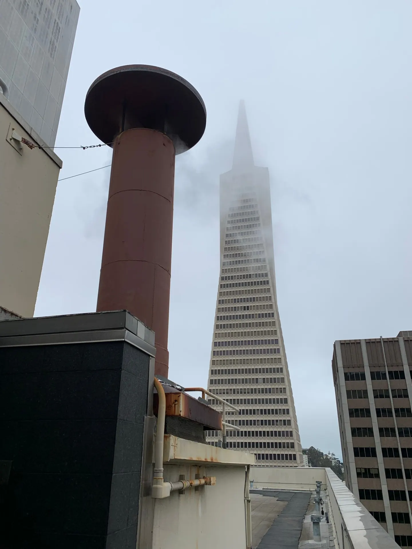 Original 32” steel boiler stack, fog-shrouded, with the Transamerica Pyramid behind.