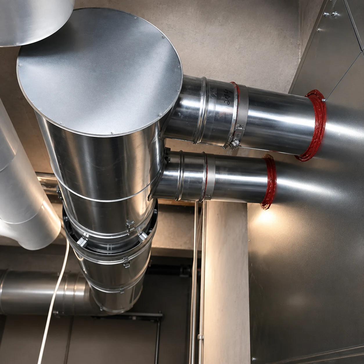 Two liners extending from the header into the two chambers of the masonry chimney.