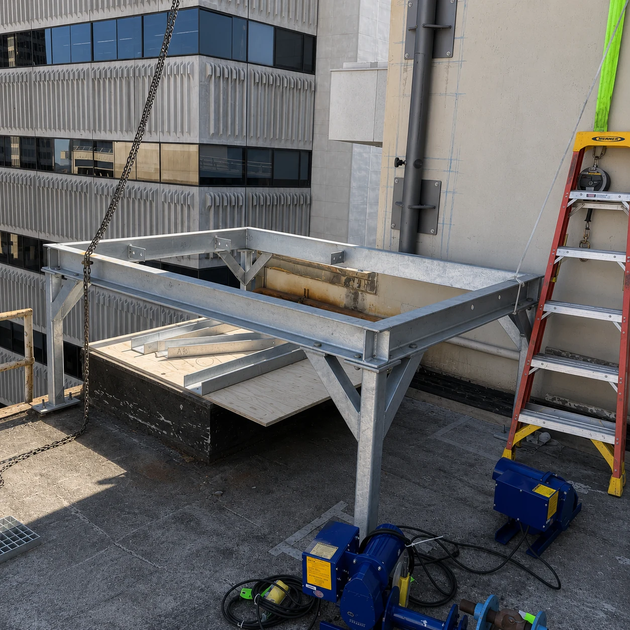 Davit arm assembly and rigging staged on the roof for piece-by-piece lowering.