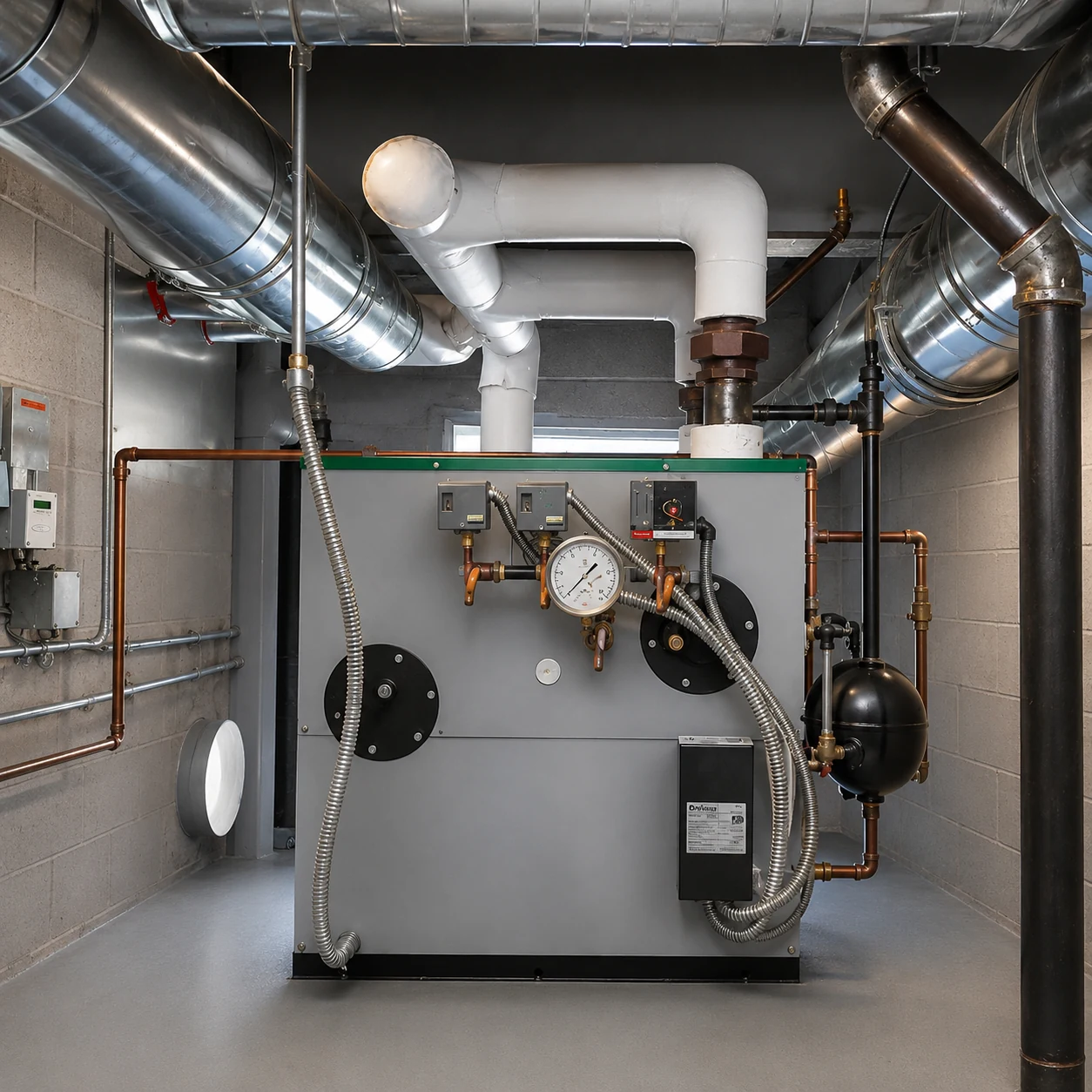 Tight mechanical room layout coordinated on-site with the installing contractor.