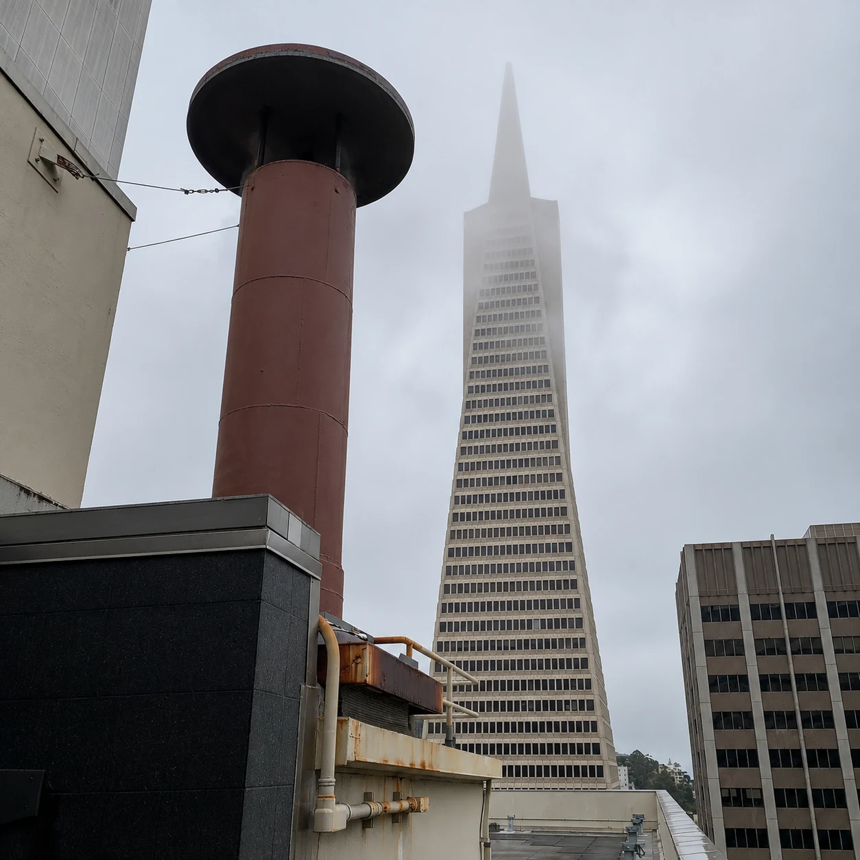Original 32” steel boiler stack in foggy rooftop conditions.