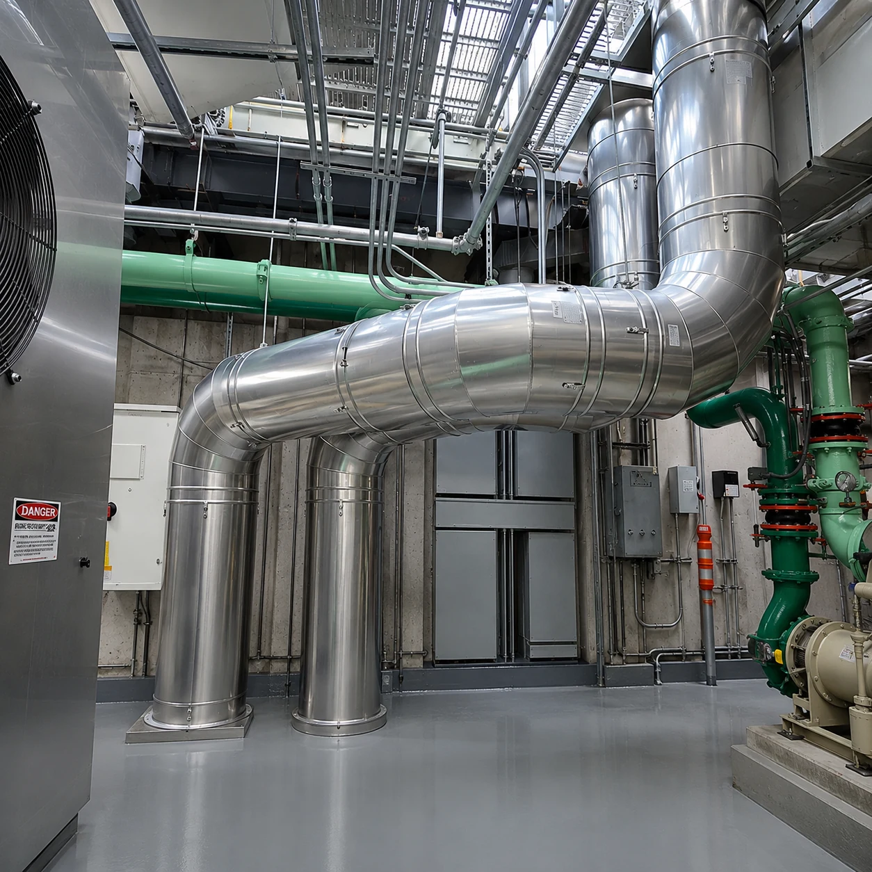 Common flue routing through the penthouse, cored through the ceiling/roof and navigated around existing equipment and electrical panels.