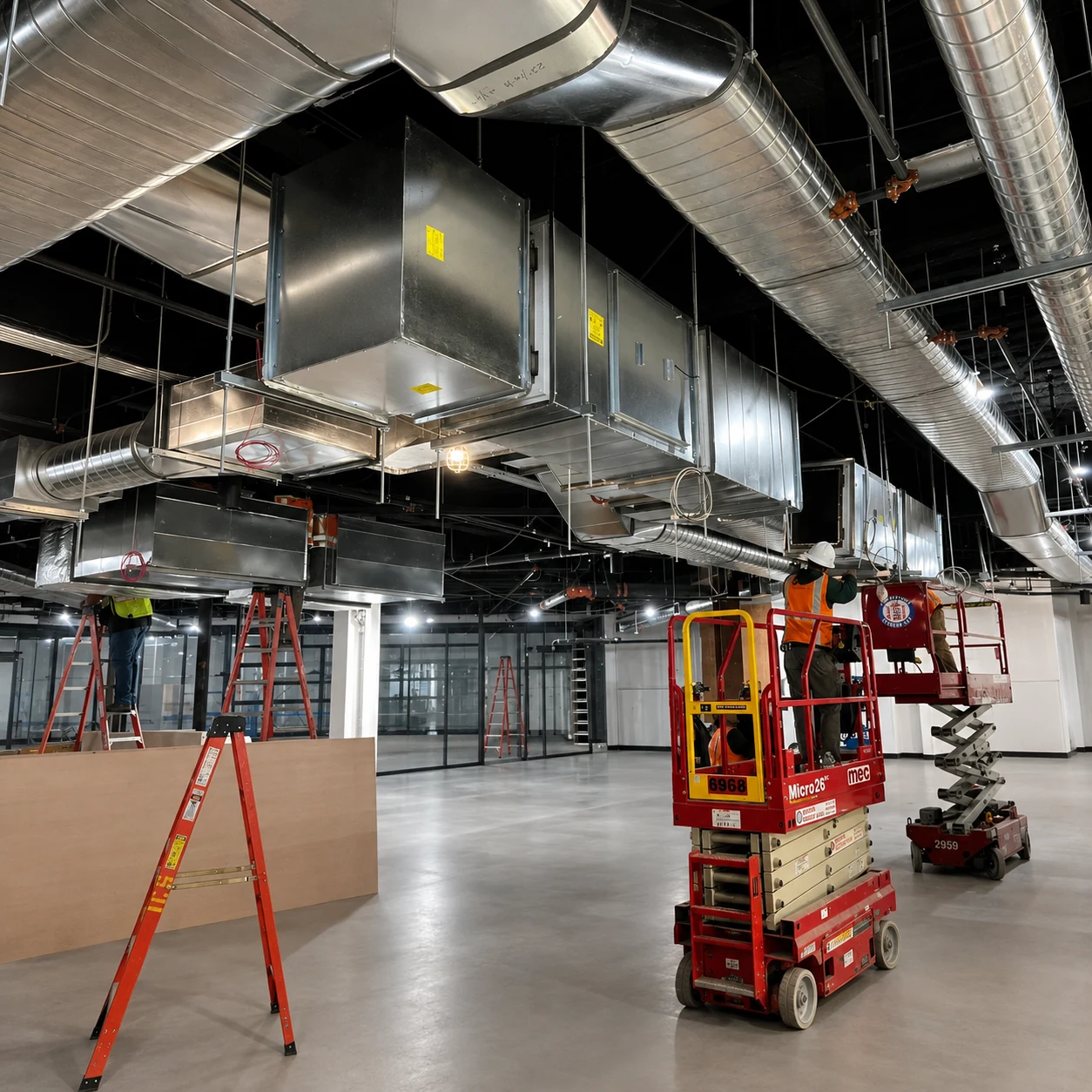 Main grease duct run installed alongside supply and exhaust ductwork above the finished ceiling.
