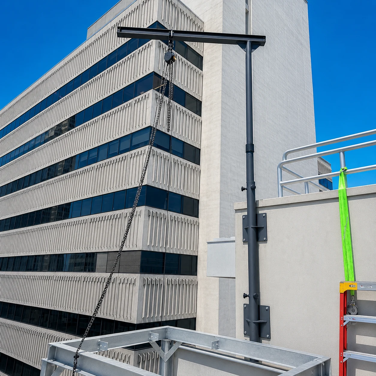 Guy-wire rigging from the davit arm anchored to the building structure.