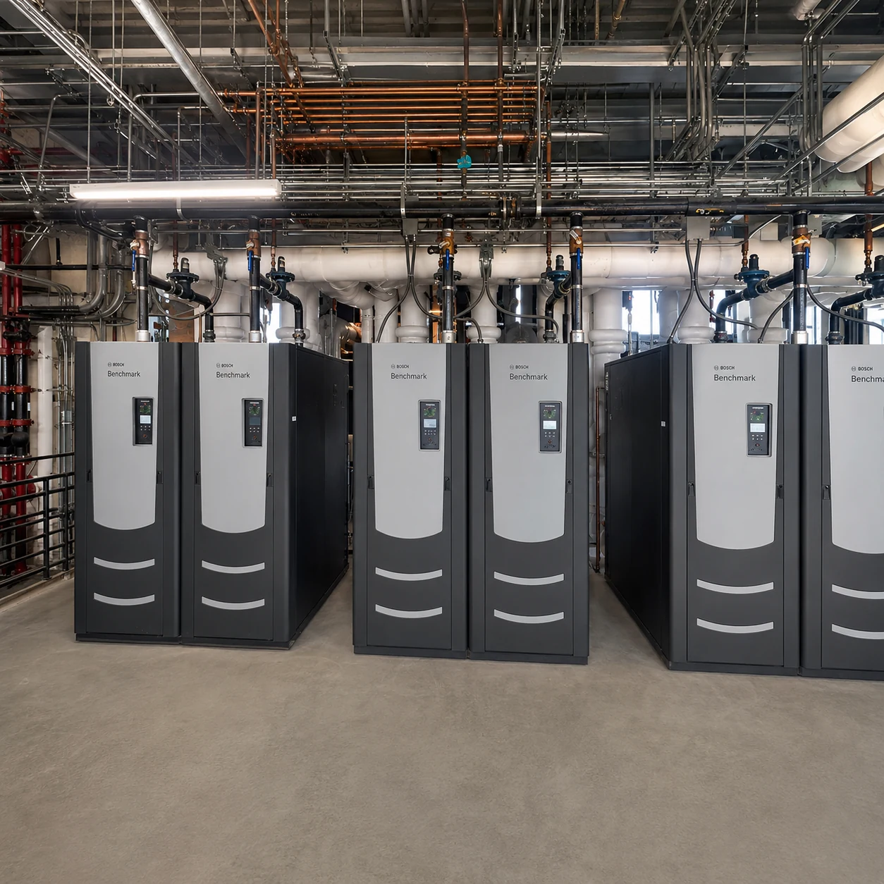 The bank of six AERCO BMK 5.0 condensing boilers in the penthouse mechanical room, re-grouped into two banks of three on common flues.