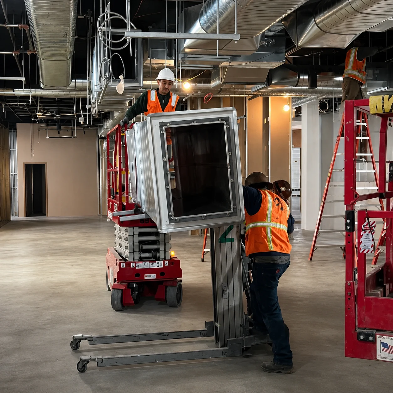 Factory-built sections lifted into place on a scissor lift during install.