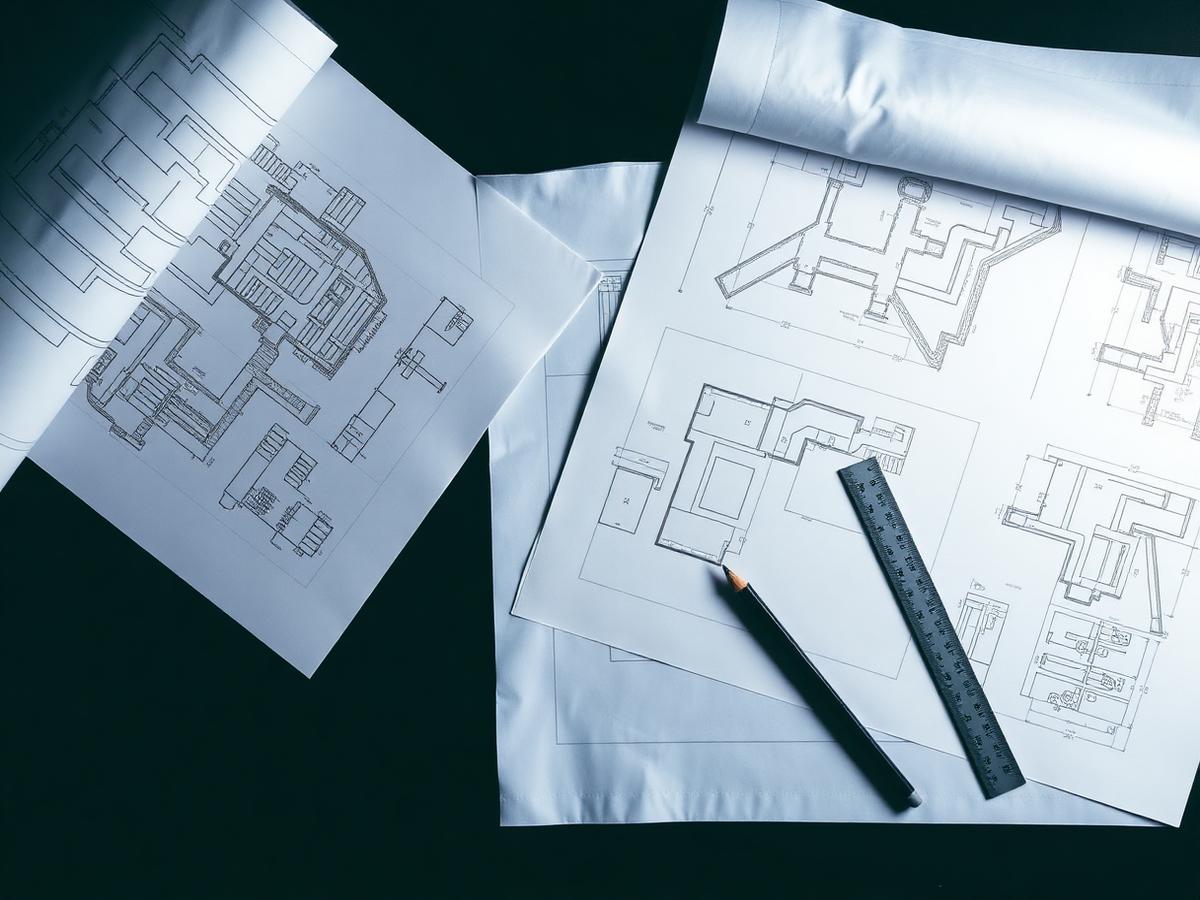 Mechanical drawing set and exhaust riser plans laid out on a desk with a scale rule